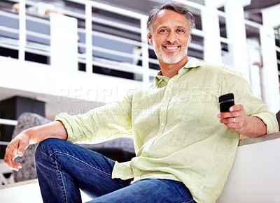 Buy stock photo Mature business man, phone and portrait in office for social network, download digital app and chat in creative agency. Happy manager typing on smartphone, reading mobile notification and search news