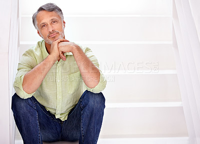 Buy stock photo Portrait, mature man and confident on stairs for career pride and positive in mockup. Person, smile face or entrepreneur on steps with relax, start up or proud journey in business by white staircase