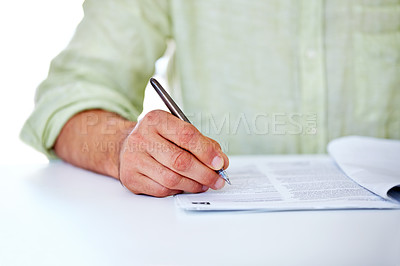 Buy stock photo Writing, hands and business with man, contract and professional with information, paperwork and signing. Person, employee and consultant with documents, office and agreement with b2b deal and closeup