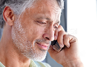 Buy stock photo Face, mature man and phone call in home for communication, networking and hello for audio chat. Smartphone, thinking and talking for conversation, mobile contact and listening to digital connection 