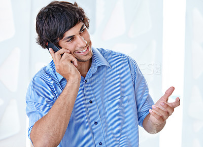 Buy stock photo Phone call, business man and communication in office for digital consulting, chat and contact in creative agency. Happy designer talking on smartphone to explain feedback, conversation and networking