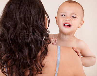Buy stock photo Mom, baby and hug crying child in home with sad face from fatigue, exhaustion or upset tantrum. Toddler, kid and mother support son in arms with love, kindness and embrace with care and comfort