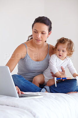 Buy stock photo Laptop, baby and mom in bedroom for remote work, mom learning or online education in home. Freelancer parent, computer and kid on bed playing with abacus, child care and toddler together with family