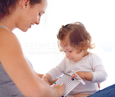 Buy stock photo Mom playing with baby girl in home with toys, bonding and child care with support in morning on bed. Happy woman, playful toddler and fun together in bedroom with development, smile and abacus