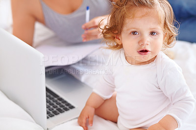 Buy stock photo Working, mom and portrait of baby with laptop and multitasking in home. Infant, kid and mother busy with child and computer for freelance remote work, productivity and online project in bedroom