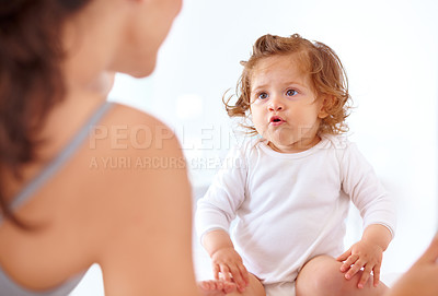 Buy stock photo Bonding, mom and baby talking in home together with love, happiness and development of child, Kid, speaking and relax with mother in bedroom or morning with curious, learning and growth of toddler