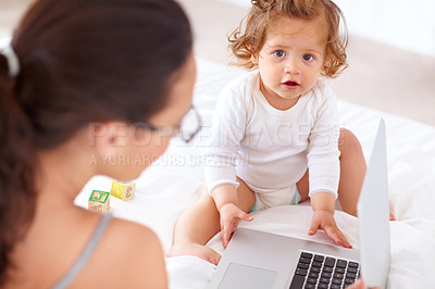Buy stock photo Portrait, baby and mother on laptop in bedroom for remote work, learning and reading email in home. Freelancer mom, computer and kid on bed for internet, child care and toddler together with family