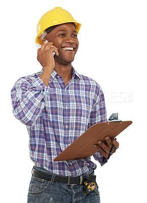 Buy stock photo Phone call, construction and happy man with clipboard on a white background for contact, planning or talking. Engineering, studio and worker on cellphone for building report, inspection or discussion