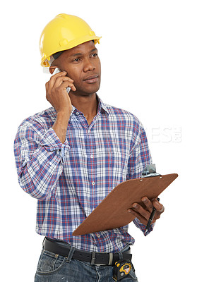 Buy stock photo Phone call, construction and man with clipboard on a white background studio for contact, planning or talking. Engineering, architecture and worker on cellphone for building, inspection or discussion