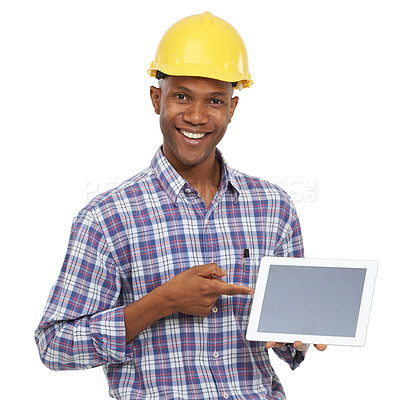 Buy stock photo Tablet, pointing and portrait of construction worker on a white background for internet, website and online. Engineering, maintenance and black man on digital tech for building, inspection or network