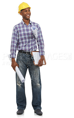 Buy stock photo Construction worker, blueprint and check list with black man in architecture industry by white background. Happy architect, paper or helmet with smile, vision or planning for design, building or work