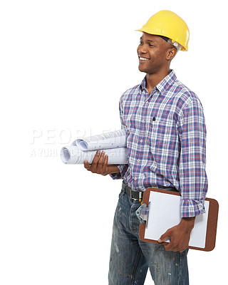 Buy stock photo Clipboard, construction and man on a white background for blueprint, maintenance and building inspection. Engineering, architecture and isolated worker with paperwork, documents and survey in studio