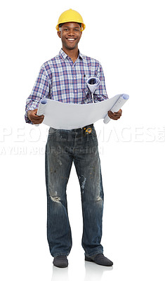 Buy stock photo Architect, construction and portrait, black man and blueprint for contractor job and maintenance on white background. Floor plan, paperwork and builder with helmet and smile in architecture in studio