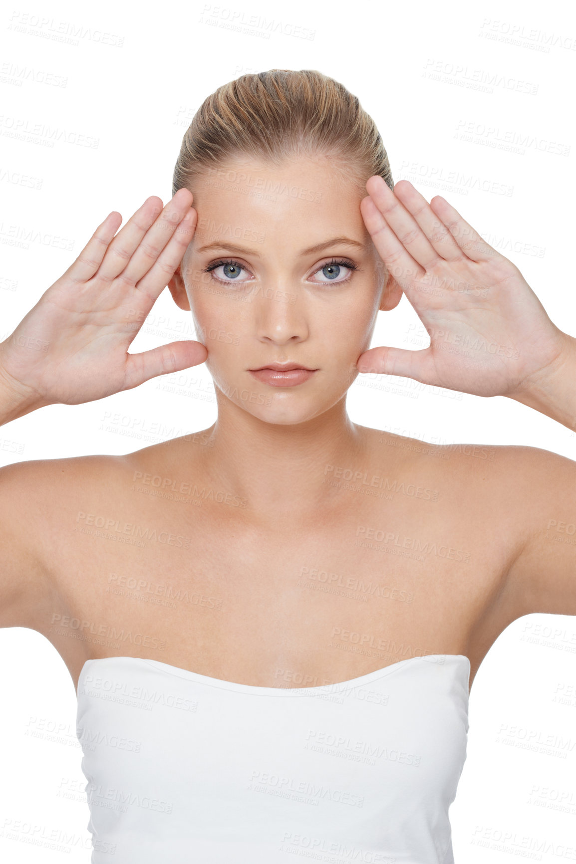 Buy stock photo Woman, portrait and natural beauty for skincare, facial treatment or spa on a white studio background. Face of attractive young female person or model in confidence with makeup, cosmetics or haircare