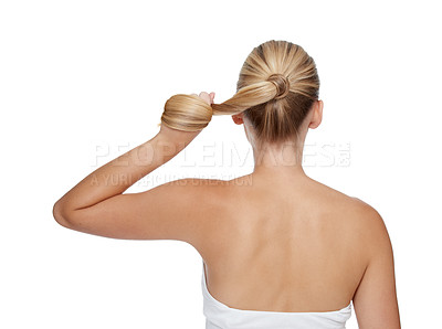 Buy stock photo Wellness, healthy and back view of woman with natural hair growth, beauty routine or mockup studio background. Spa hairstyle transformation, balayage shine and model with clean shampoo hair care
