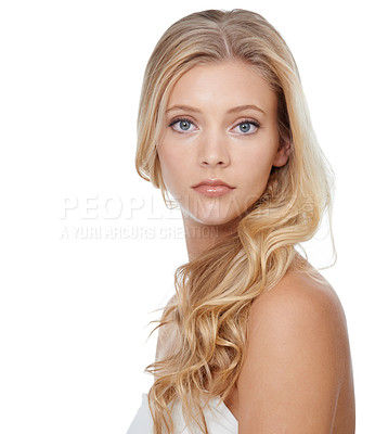 Buy stock photo Woman, portrait and beauty with cosmetics in studio for glowing face, wellness and dermatology on mock up. Model, person or confidence with skincare, collagen or keratin treatment on white background