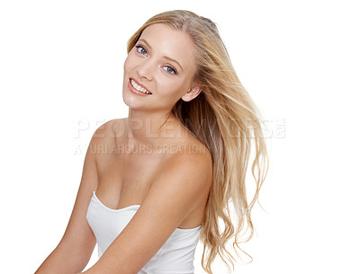 Buy stock photo Woman, portrait and beauty with cosmetics in studio for hair care, keratin treatment and shampoo shine. Model, person and happiness with skincare, collagen texture and hairstyle on white background