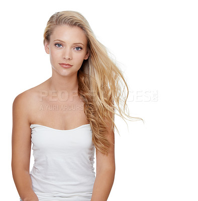 Buy stock photo Woman, mockup and hair care with cosmetics in studio for beauty, keratin treatment and shampoo shine. Model, person and confidence with skincare, collagen texture and hairstyle on white background