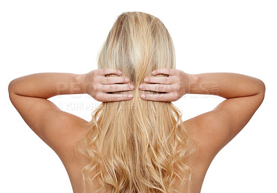 Buy stock photo Rear view, woman and beauty in studio for hair care with keratin treatment, shampoo shine and mock up. Model, person and soft hairstyle, cosmetics and cosmetology at hairdresser on white background