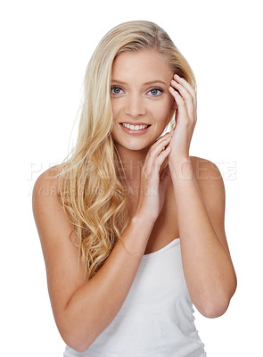 Buy stock photo Woman, portrait and beauty with makeup in studio for glowing face, wellness and dermatology on mock up. Model, person or confidence with skincare, collagen or keratin treatment on white background