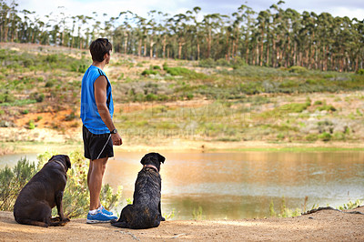 Buy stock photo A young man standing looking out over a pond with his two dogs next to him