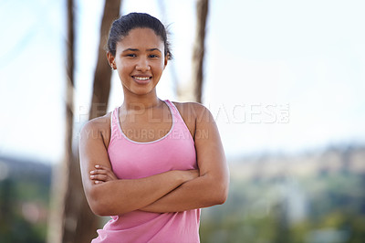 Buy stock photo Young woman, portrait and runner, arms crossed for fitness workout in nature park, exercise wellness and body healthcare or cardio training. Athlete person, running motivation and happy outdoor