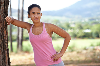 Buy stock photo Fitness, black woman and runner rest at tree after cardio exercise, training and workout, garden and park. Female athlete thinking on a break from running in nature, healthy lifestyle and wellness