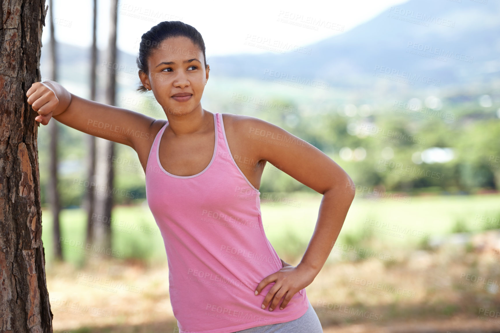 Buy stock photo Fitness, black woman and runner rest at tree after cardio exercise, training and workout, garden and park. Female athlete thinking on a break from running in nature, healthy lifestyle and wellness