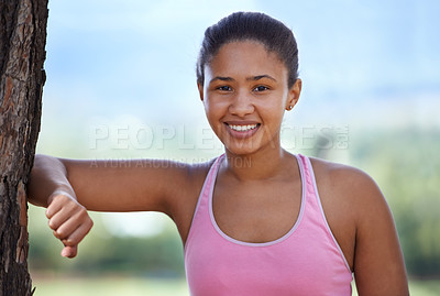 Buy stock photo Fitness, portrait and black woman in nature to relax by a tree after running exercise, training or workout in summer. Park, sports and healthy girl runner resting in natural shade in South Africa