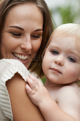 Buy stock photo Baby, closeup and mom outdoor with love for boy in garden or backyard. Infant, kid and mother bonding together in hug and embrace with care, support and relax in park, nature or forest environment