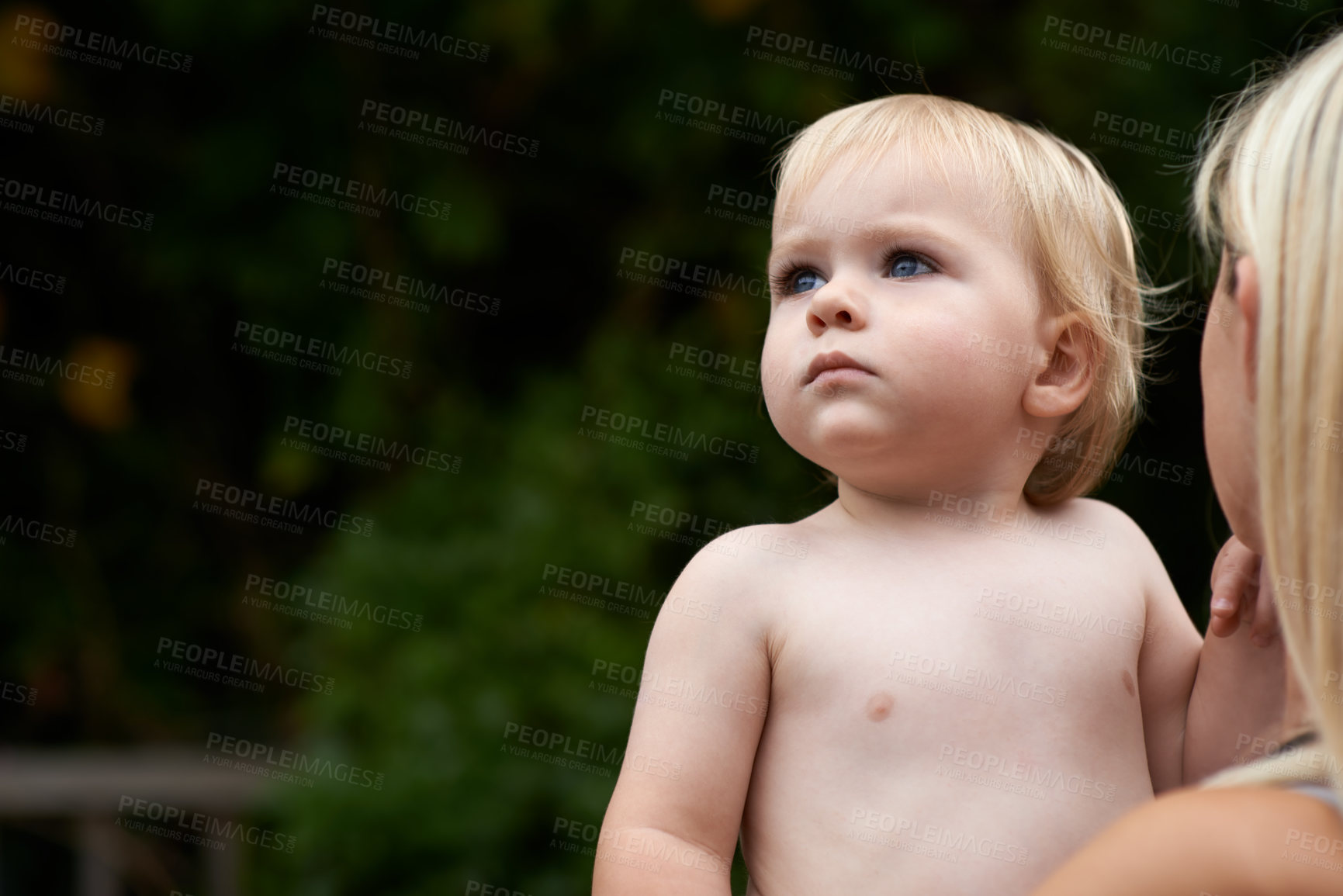 Buy stock photo Baby, curiosity and mother outdoor for development with love, mockup or early childhood in backyard of home. Toddler, child and relax for wellness, milestone and exploring with innocence and bonding