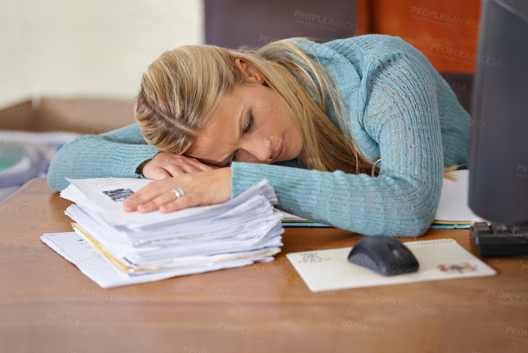 Buy stock photo Woman, teacher or sleeping at desk with paperwork, stress or burnout for documents deadline in classroom. School, tired or exhausted professor with fatigue or head down in nap on table for resting