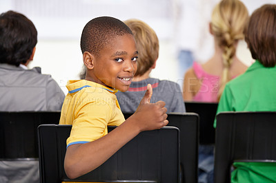 Buy stock photo Portrait, black child and thumbs up of student in classroom, elementary school or class. Smile, education and kid with hand gesture for like emoji, agreement and learning, success and approval sign.