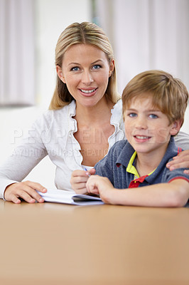 Buy stock photo Portrait, teacher and child learning in classroom, smile and education in class. Happiness, student and woman educator teaching, helping or tutoring kid for studying or knowledge in elementary school