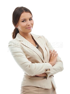 Buy stock photo Business, crossed arms and portrait of woman in studio with pride, confidence and ambition. Professional, corporate manager and isolated worker for career, job and opportunity on white background