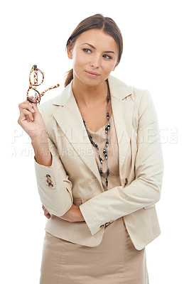 Buy stock photo Thinking, glasses and business woman on a white background with ideas, ambition and problem solving. Professional, corporate and isolated worker for pride, wondering and brainstorming in studio