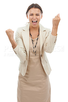 Buy stock photo Excited woman, portrait and celebration for winning, bonus or promotion on a white studio background. Happy female person, business employee or fist pump in joy for deal, promo or special increase