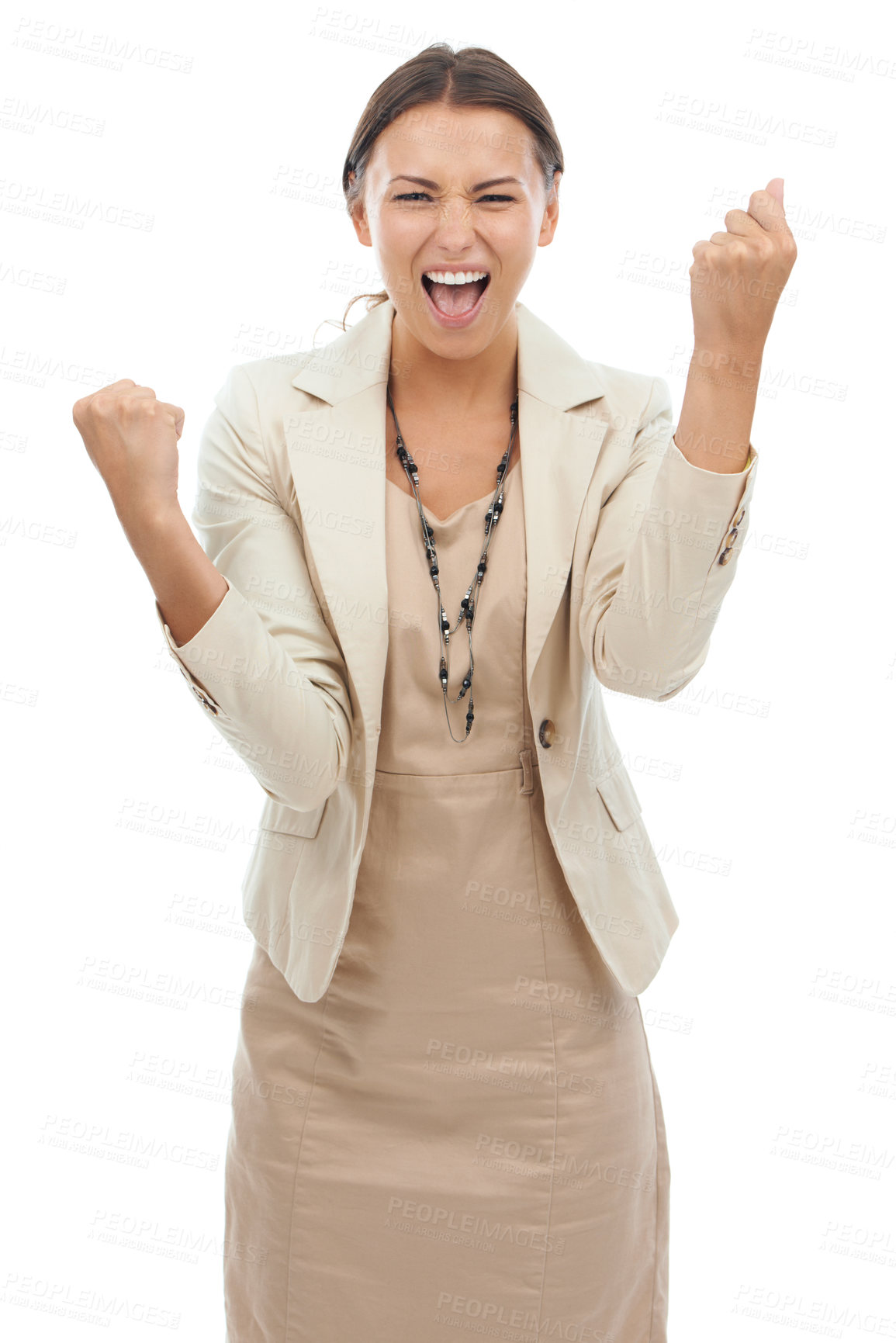 Buy stock photo Excited woman, portrait and celebration for winning, bonus or promotion on a white studio background. Happy female person, business employee or fist pump in joy for deal, promo or special increase