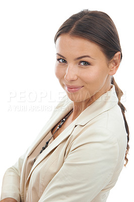Buy stock photo Professional, crossed arms and portrait of woman on a white background with pride, confidence and ambition. Business, corporate and isolated happy worker for career, job and opportunity in studio 