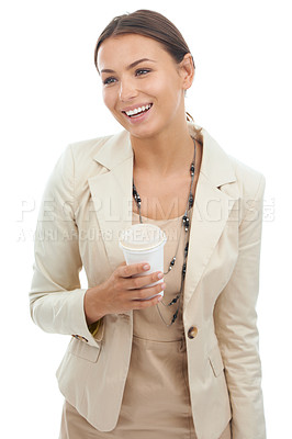 Buy stock photo Businesswoman, coffee and takeaway in studio for corporate routine, professional or white background. Female person, face and morning caffeine beverage or mockup for company, confidence or employee