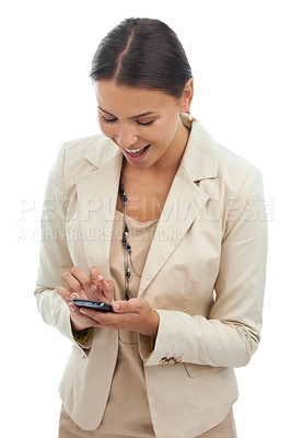 Buy stock photo Happy business woman with phone in studio for networking, social media or email for communication. Internet connection, smartphone and wow for digital app with online consultant on white background