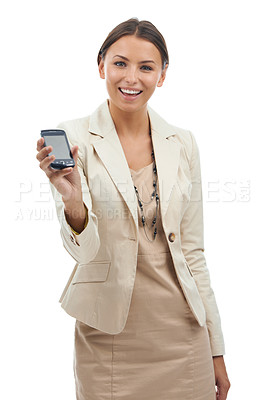 Buy stock photo Portrait of business woman showing phone screen in studio for networking, social media or communication. Internet connection, smartphone or digital app for happy online consultant on white background