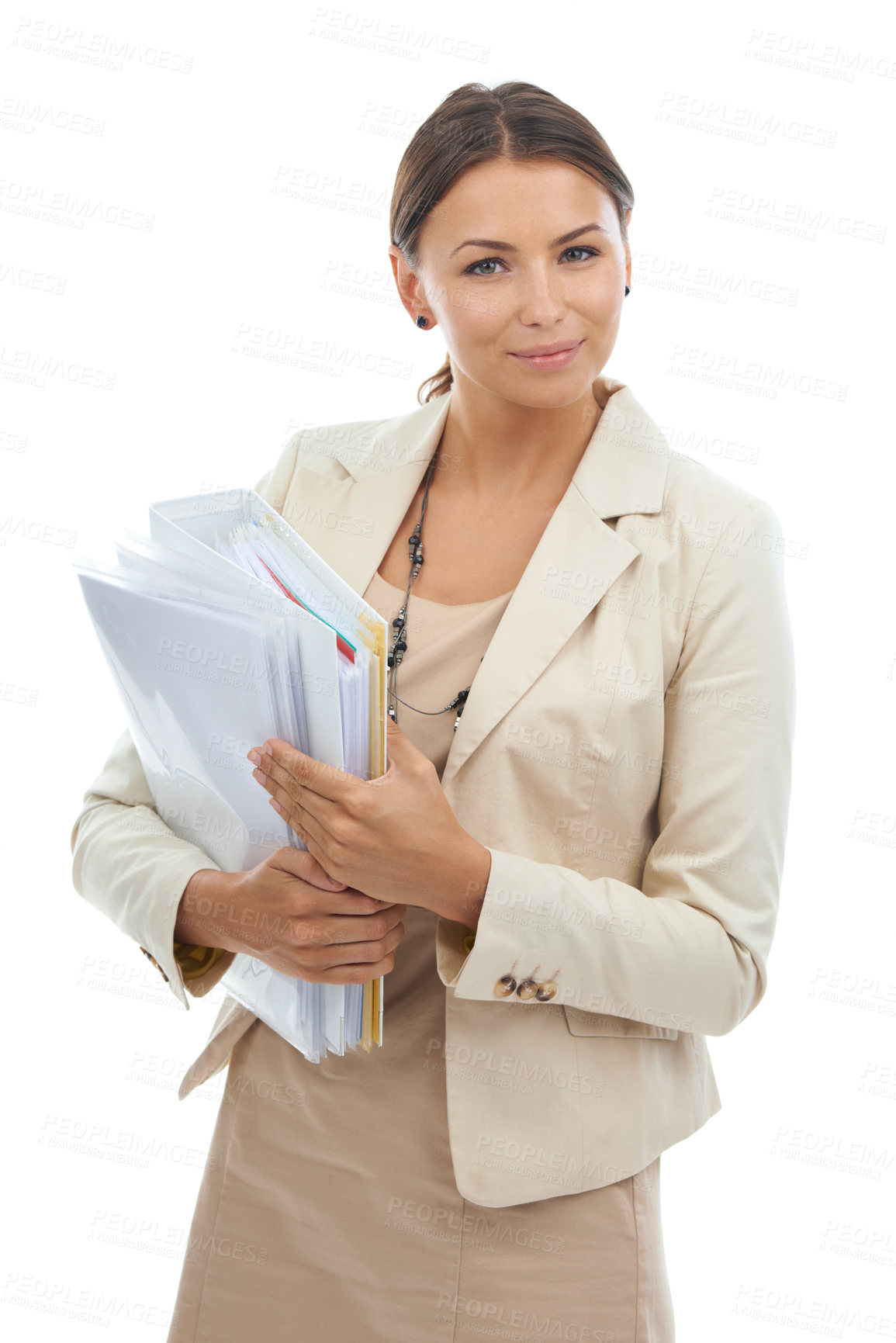 Buy stock photo Woman, portrait and business paperwork for corporate planning research, project or administration. Female person, face and document file in studio white background for management, notes or mockup