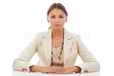 Buy stock photo Portrait, business and woman with career, confident employee and worker isolated on a white studio background. Face, person and media consultant with startup, assertive and positive attitude