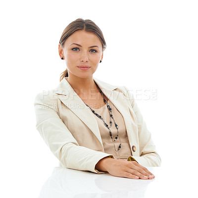 Buy stock photo Portrait, business and woman with career, professional and worker isolated on a white studio background. Face, person and media consultant with startup, assertive and positive attitude with employee