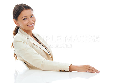 Buy stock photo Businesswoman, portrait and smile for corporate confidence as marketing manager in studio, white background or mockup. Female person, face and advertising consultant worker for pride, job or career