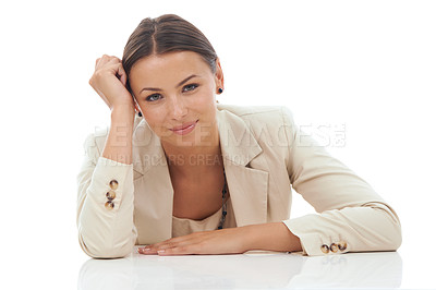 Buy stock photo Businesswoman, portrait and confident professional in studio for company management, white background or mockup space. Female person, face and corporate worker outfit for pride, job or development