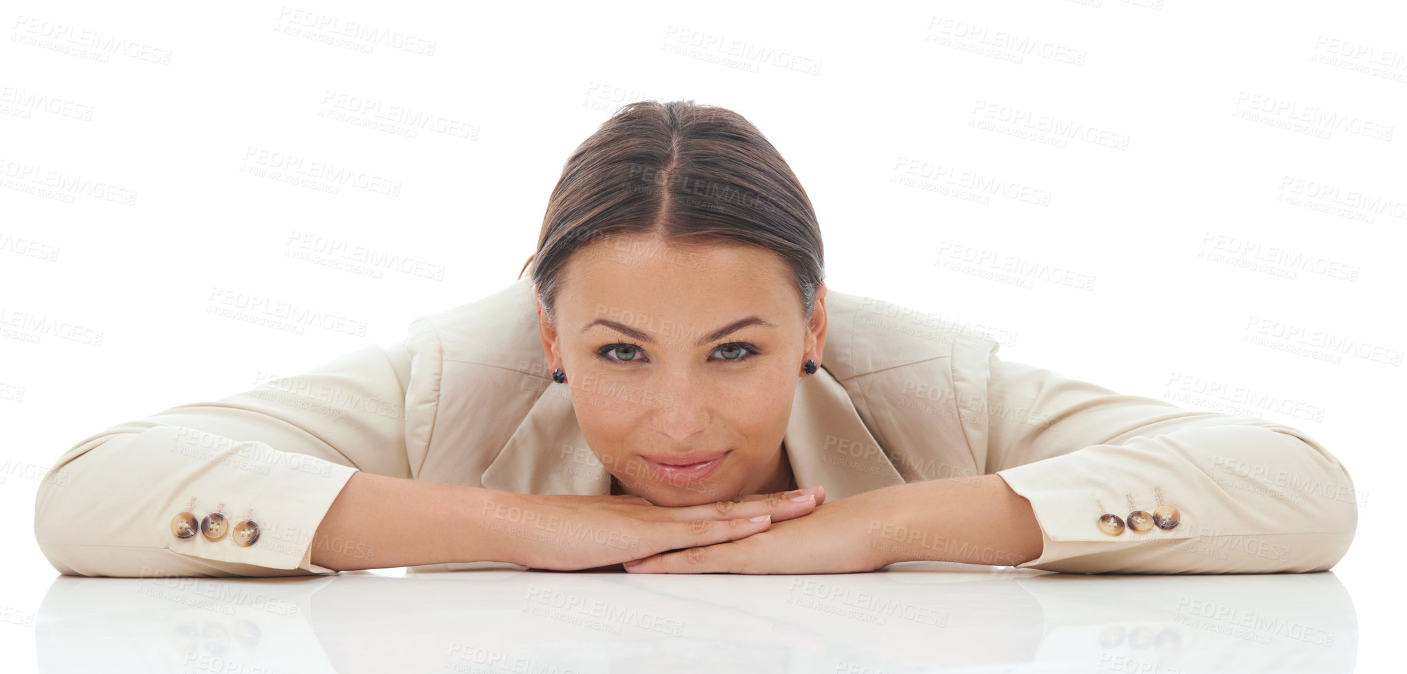 Buy stock photo Businesswoman, portrait and desk break for relax in studio white background as manager for rest, corporate or company career. Female person, face and mockup for professional job, tired or burnout