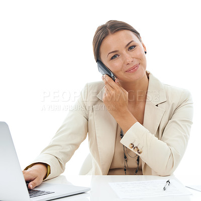 Buy stock photo Businesswoman, portrait and phone call or laptop conversation in studio for networking, mockup or white background. Female person, digital device and talking as corporate manager, internet or chat