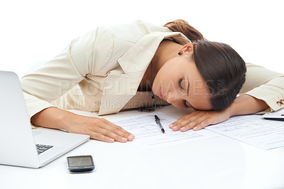Buy stock photo Businesswoman, paperwork and sleep at desk for work as sales consultant for deadline fail, burnout or tired. Female person, laptop and overtime fatigue employee or lazy, studio or white background